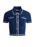 Alice + Olivia Marlena Button Front Polo in Indigo & Ecru