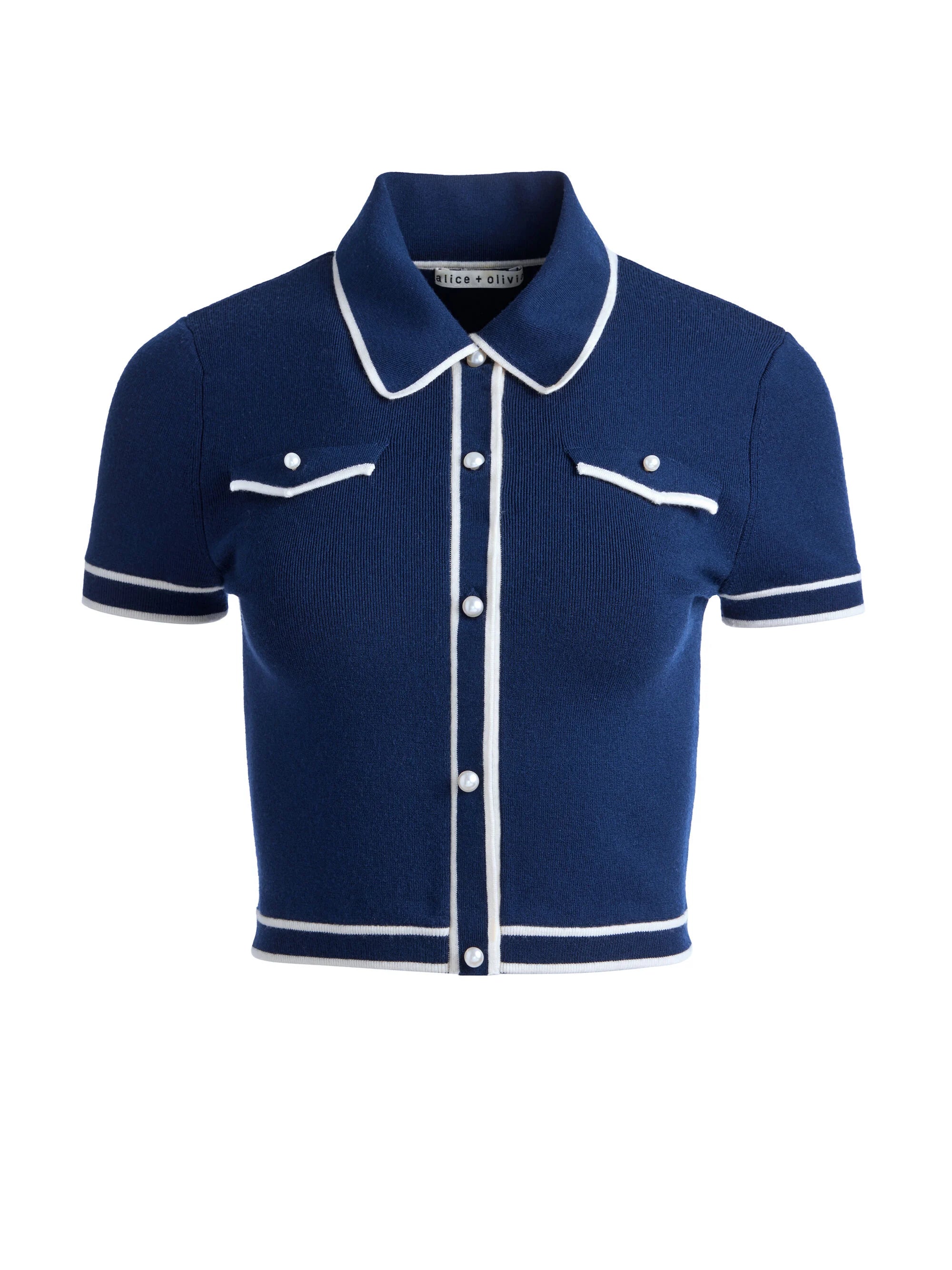 Alice + Olivia Marlena Button Front Polo in Indigo & Ecru