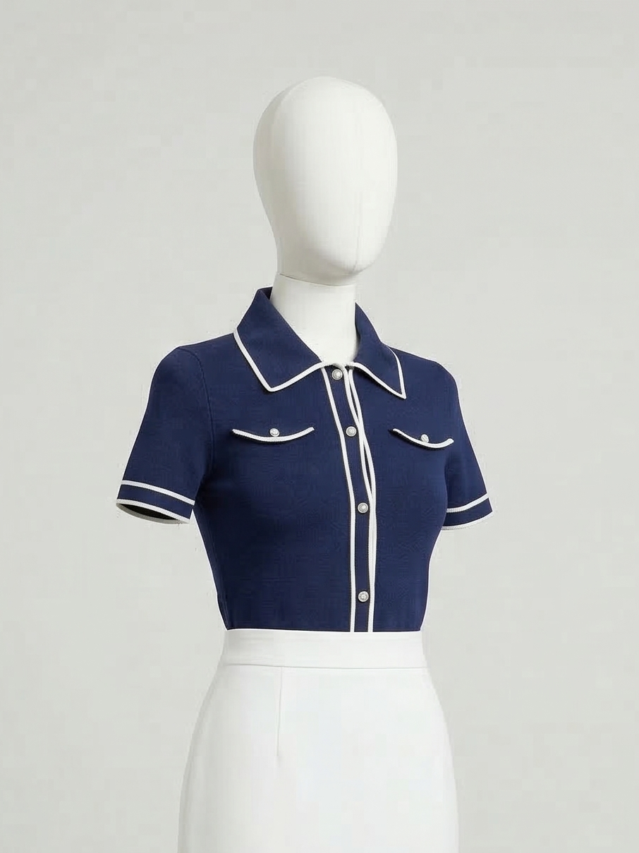 Alice + Olivia Marlena Button Front Polo in Indigo & Ecru