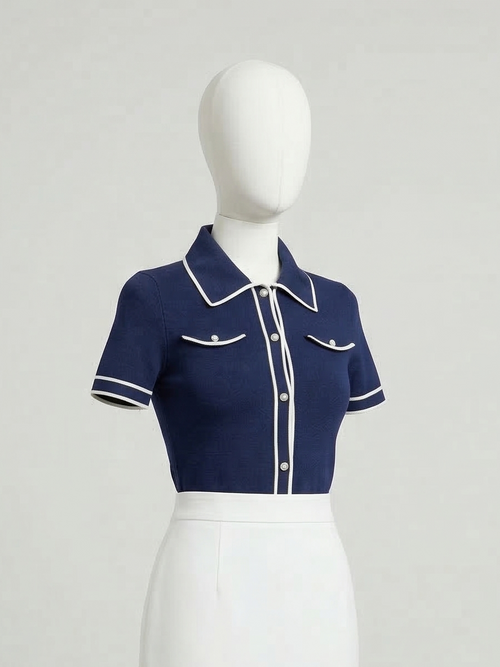 Alice + Olivia Marlena Button Front Polo in Indigo & Ecru