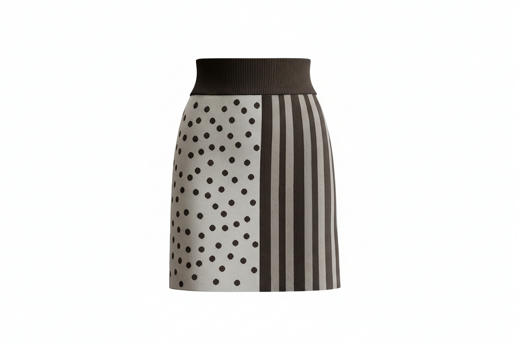 Hermes Cashmere Skirt in Brown and Brown Polka Dots with Slit