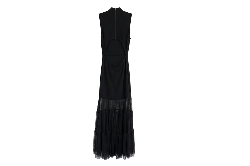 Stuad Black Evening Gown with Tiered Tulle Skirt