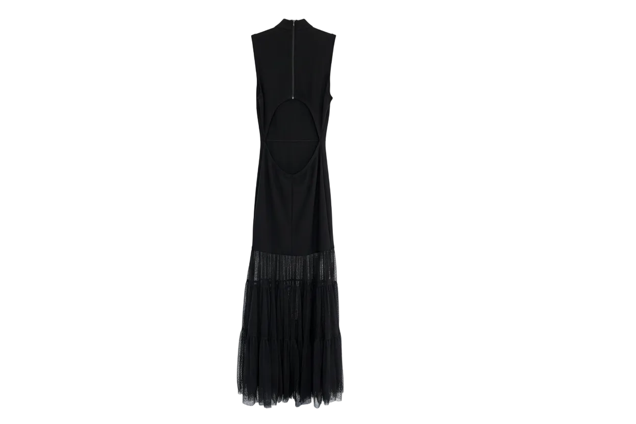 Stuad Black Evening Gown with Tiered Tulle Skirt