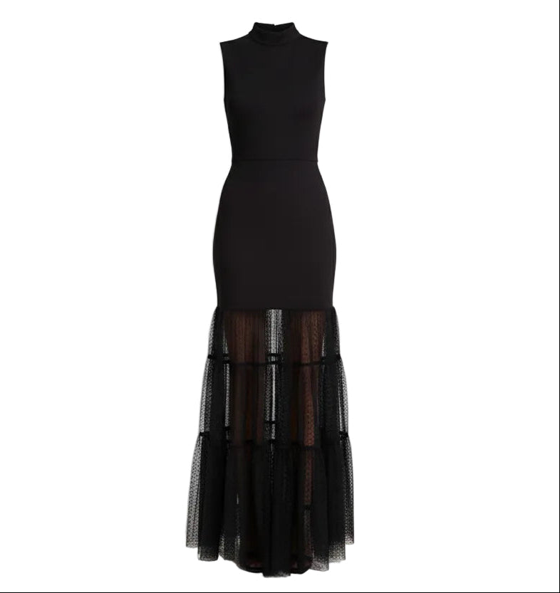Stuad Black Evening Gown with Tiered Tulle Skirt
