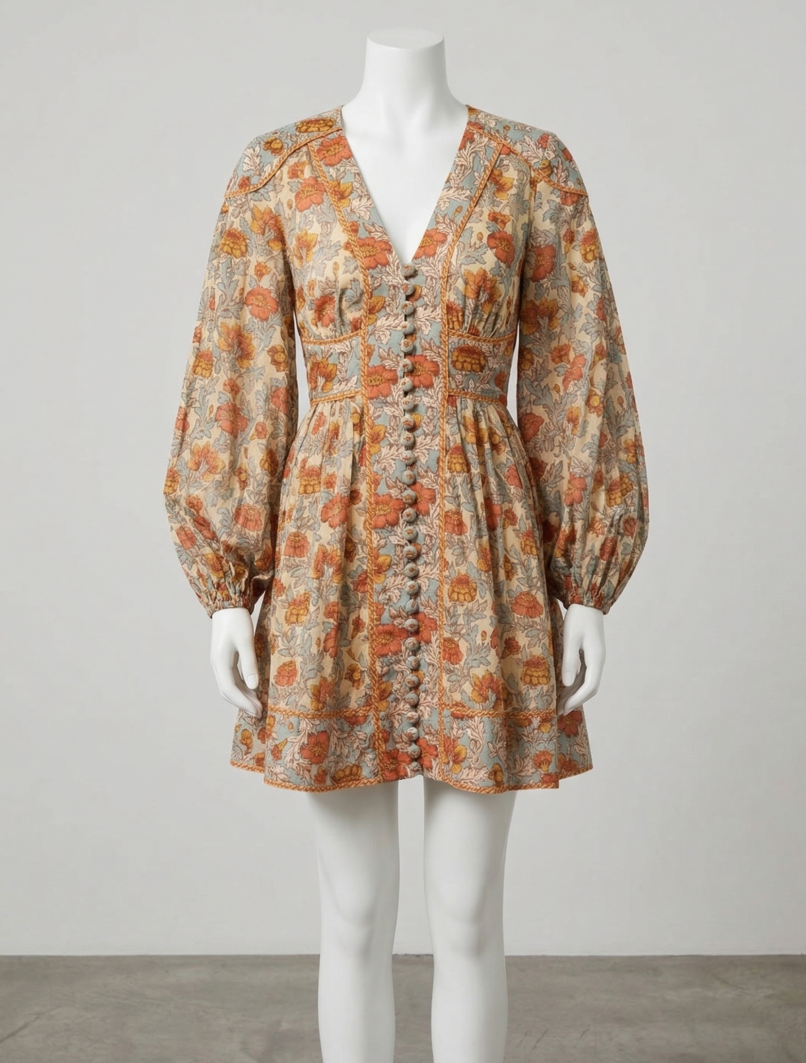 Zimmermann Floral Print Mini Dress Long Sleeve with V-Neck