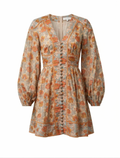 Zimmermann Floral Print Mini Dress Long Sleeve with V-Neck